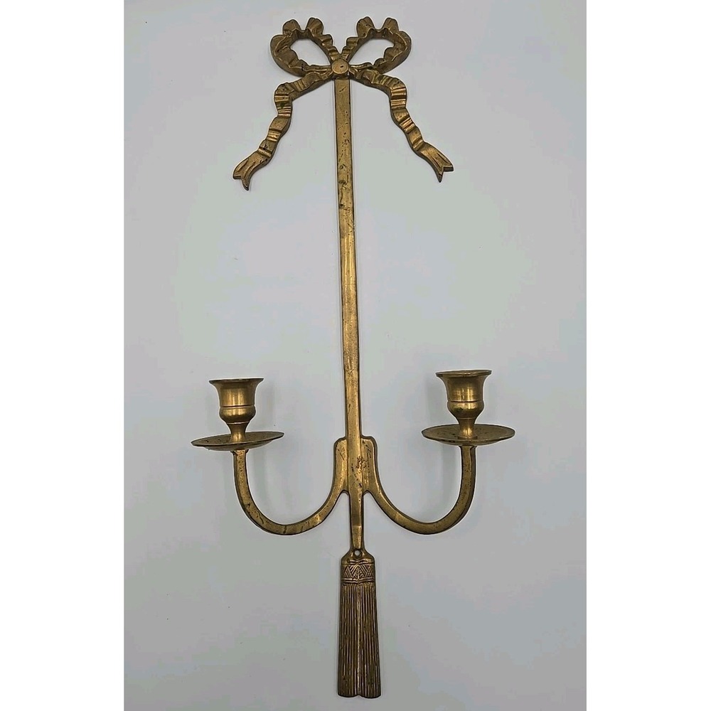 Vintage French Brass Candle Wall Sconces Bow And Tassels 19" Hollywood Regency